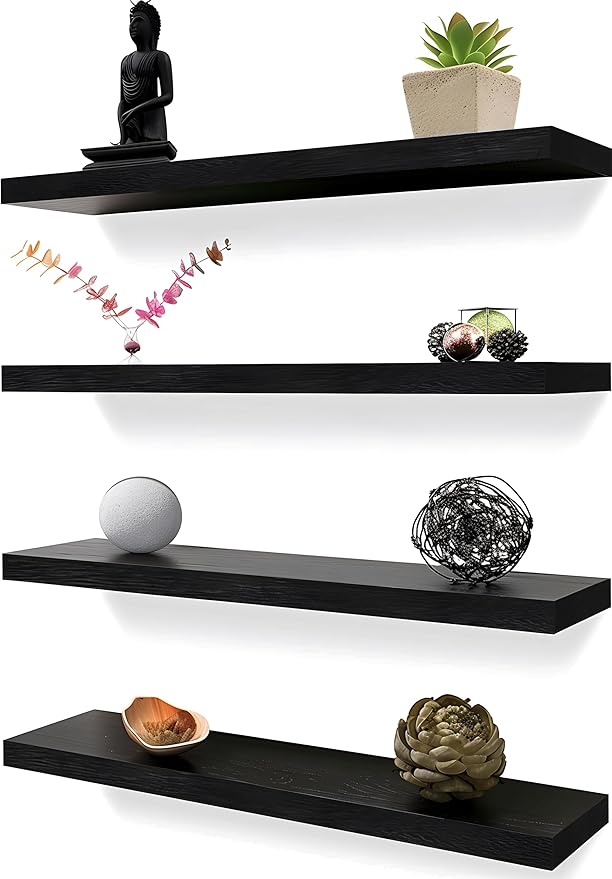 YYWUOJJ Wood Floating Shelves for Wall Decor, Rustic Wall Shelves for Bedroom Bathroom Kitchen Living Room, Set of 4 Black 24 Inch