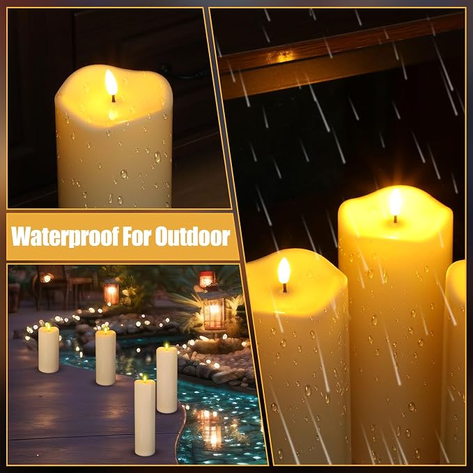 Rossesay 8" 10" 12" 14" x 4" Large Waterproof Outdoor Flameless Candles, 4 Pcs LED Pillar Candles with Remote and Timers Battery Operated Jumbo Flickering for Home Patio Porch Church Indoor Lanterns