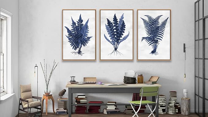 Large Botanical Wall Art for Living Room Natural Wood Float Framed Art Set of 3 Plant Pictures Fern Leaf Artwork Navy Blue Grass Canvas Prints for Bedroom Kitchen Home Office Wall Decor 20"X28"X3