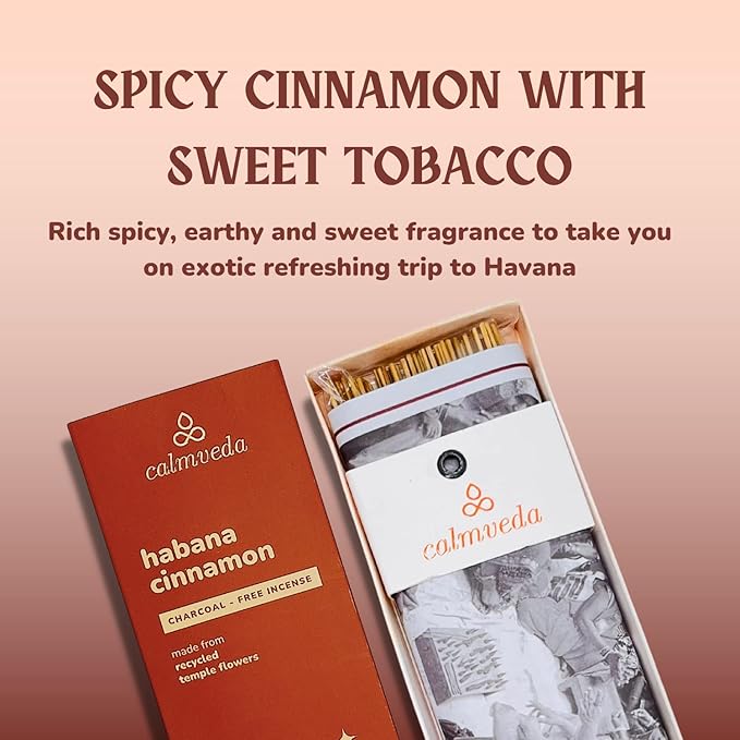 Havana Cinnamon Incense Stick Exotic - Calming Meditation Incense (80 Sticks) Charcoal Free, Made from Upcycled Flowers | Give Gift of Fall Incense with Spicy & Sweet Tobaco Aroma (Incienso de Canela)