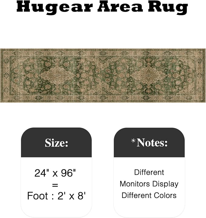 HUGEAR 2x8 Runner Rug Hallway Machine Washable Retro Green Vintage Floral Low Pile Carpet Distressed Long Throw Rug Bedroom Office Bathroom Kitchen Laundry Non Slip Soft Lightweight