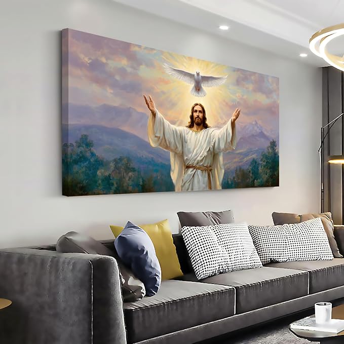 Ggaafet Jesus and Pigeon Wall Art for Living Room Canvas Oil Painting Prints Halo God Universal Love Spiritual Faith Art Deco Classic Artwork Office Bedroom Family Dining Room Decor Extra Large