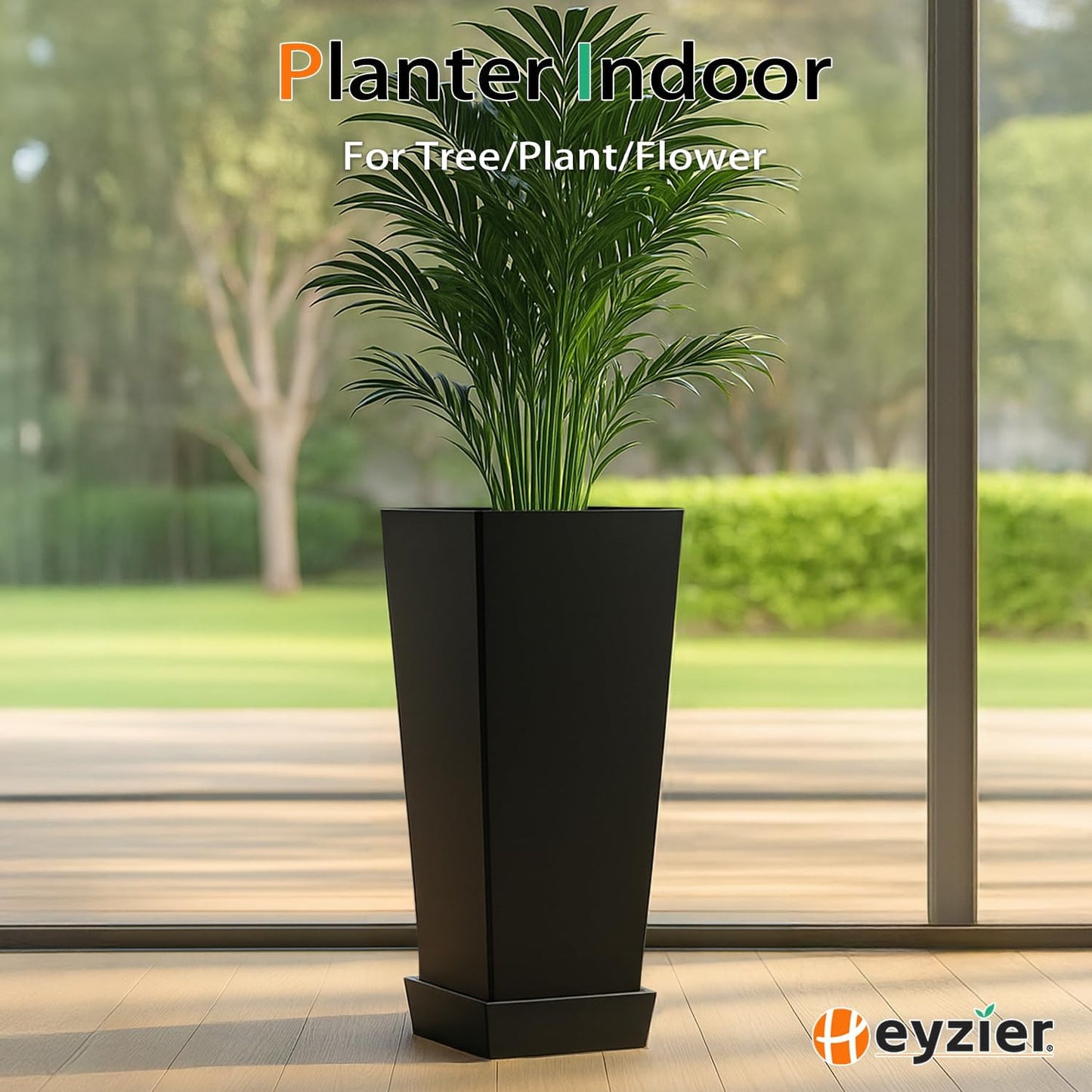 Tall Planters for Outdoor Plants, Large Resin Flower Pots with Saucers for Garden, Front Porch, Patio, Indoor - Set of 2 (Black, 34 inch - 2 Pack)