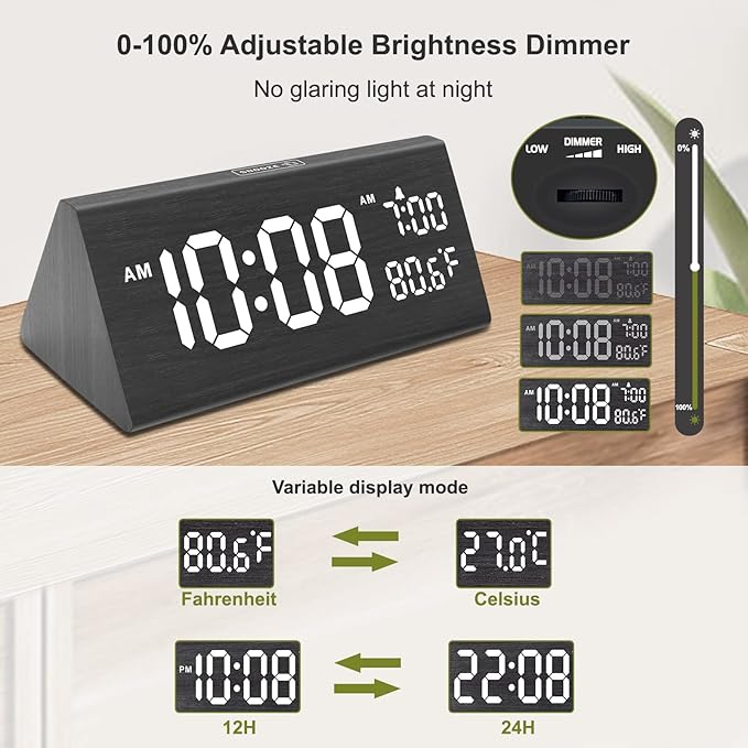 DreamSky Wooden Digital Alarm Clock for Bedroom - 7.7" Electric Clocks with USB Port, Large Numbers, Temperature, 0-100% Brightness Dimmer, Adjustable Alarm Volume, Snooze, 12/24H