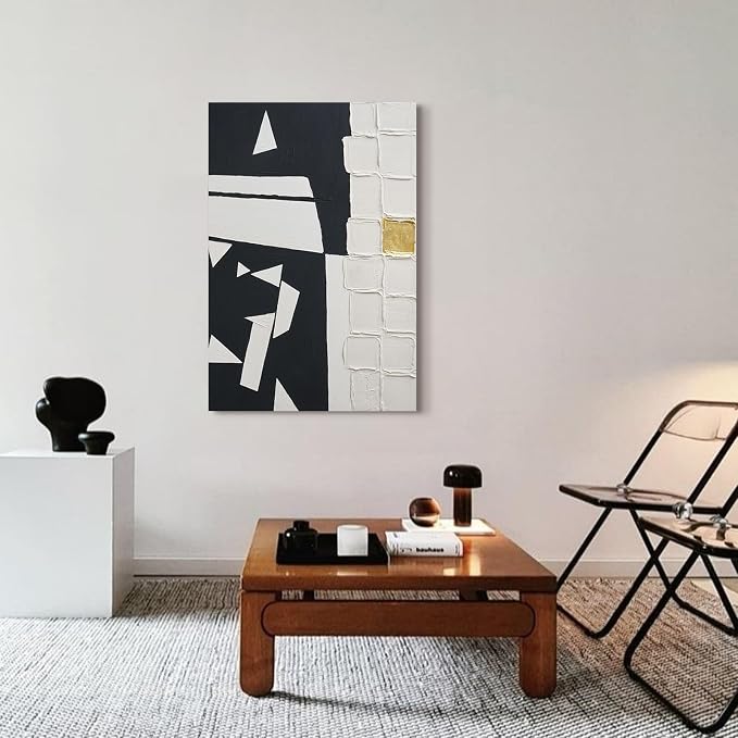 Modern Black & White Abstract 3D Textured Canvas Wall Art with Gold Leaf | Minimalist Geometric Hand-Painted Oil Painting Artwork, Large Original Wall Decor for Living Room Bedroom Office 24x36 Inch