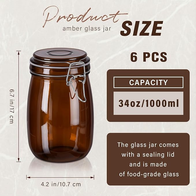 Norme 6 Pack 34oz Amber Airtight Glass Jars with Lids, Round Food Storage Container Airtight Food Wire Clip Fastening for Sauerkraut Flour Kitchen Sugar Cereal Kitchen Canning Pickling Mason Jars