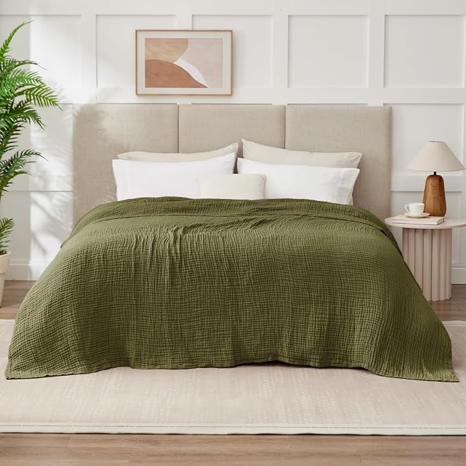100% Cotton Muslin Blanket King 108" x 90", Breathable and Lightweight Cotton Throw Blanket for Bed, Soft Cooling Summer Gauze Blanket for Adults All Season, Olive Green