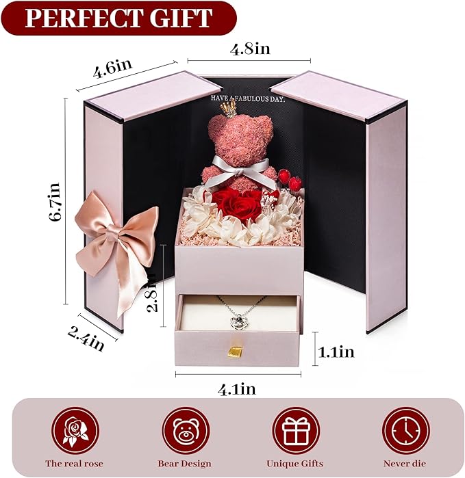 Gifts for Mom Wife Women Preserved Real Red Rose with Heart ”I Love You“100 Languags Necklace&Cute Bear Birthday Gift Box for Mama Girlfriend Wife Her Grandma Anniversary Valentines Day