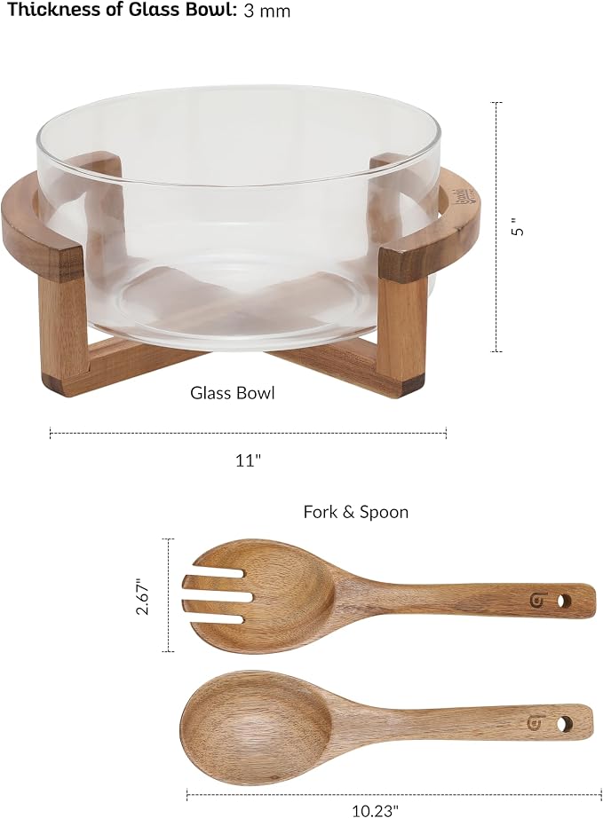 Boxiki Kitchen Large Glass Salad Bowl Set with Acacia Wood Stand, Serving Spoon and Fork, 11 Inch Clear Glass Mixing Bowl for Pasta Fruits Veggies, Elegant Dinner Table Centerpiece Serving Dish