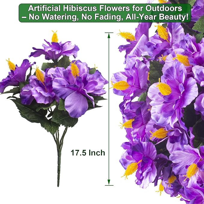 Grunyia Artificial Hibiscus Flowers 5 Bundles, UV Resistant Fake Tropical Flowers Realistic Silk Blooms for Outdoor Planter Garden Patio Porch Window Box Home Decor (Purple)