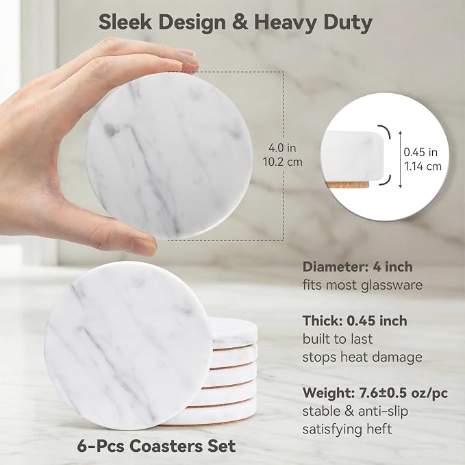 Soft White Marble Coasters Set of 6, Modern Elegant Drink Coasters for Coffee Table, 4" Round Polished Natural White Stone Coaster with Grey Veins - Heat Resistant, Non-Slip, Housewarming Gift
