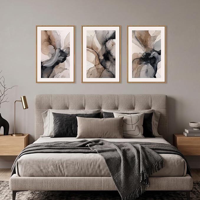 Large Abstract Neutral Framed Canvas Wall Art,Watercolor Black Ink Wall Decor,Modern Beige Brown Prints,Minimalist Line Artwork for Living Room,Bedroom,Dining Room,Office-24 x36 x3
