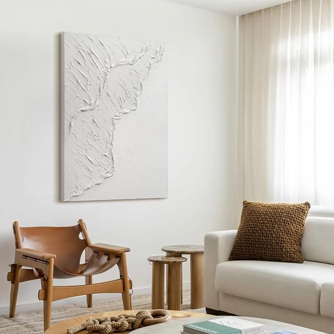 Abstract Ocean Wave Canvas Vertical Wall Art, Modern Textured Oil Painting | Minimalist Vertical Canvas Artwork for Living Room Bedroom Office Neutral Hand-Painted White Wall Art Contemporary Home Decor