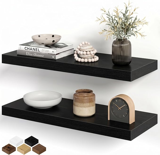 Floating Shelves for Wall, 24 Inch Floating Shelves Set of 2, Wall Mounted Rustic Wood Shelf for Bathroom, Living Room, Bedroom and Kitchen, Hanging Shelf for Storage, Books, Home Decor, Black
