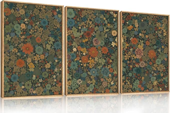 DRACIT Large Vintage Boho Floral Framed Canvas Wall Art Set,Antique Colorful Botanical Flower Wall Decor,Retro Nature Blossom Wildflowers Art Print for Living Room,Bedroom, Office-16”×24”×3