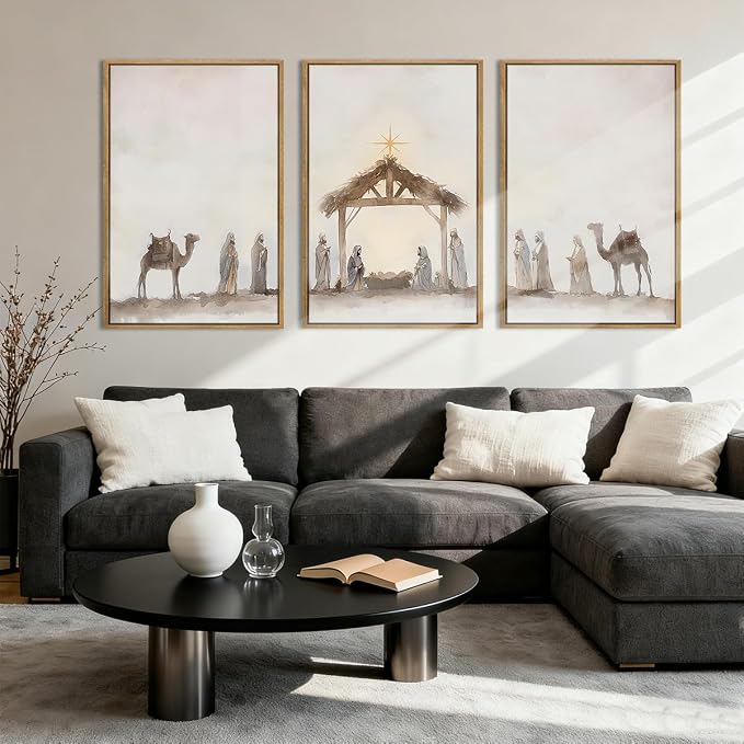 Anyzal Extra Large Jesus Framed Wall Art 24x36 Inch Easter Catholic Nativity Scene Canvas Artwork Christian Religious Birth of Jesus Painting for Living Room Bedroom Dining Room Set of 3