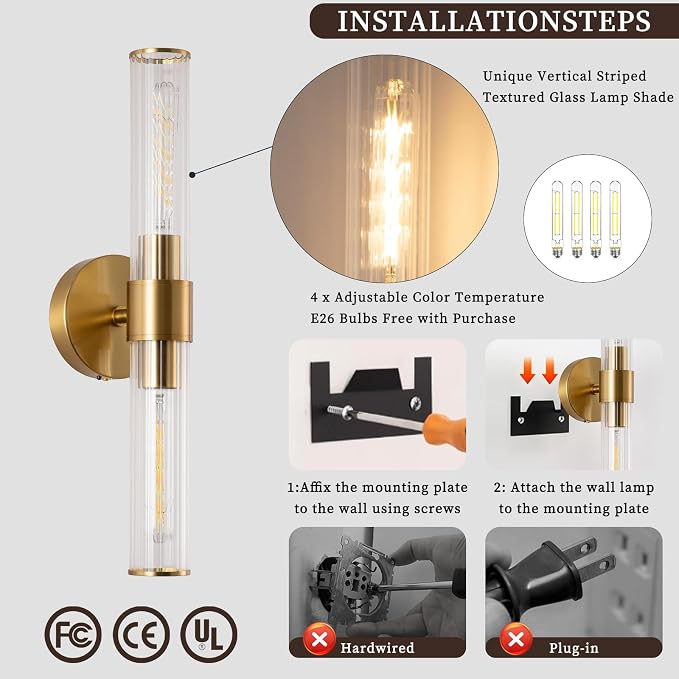 Rechargeable Wall Sconce Set of 2, Battery Operated Wall Sconce, Wireless Wall Lamp with Vertically Striped Glass Tube, Non-Hardwired Wall Sconces, Modern Vanity Light Fixtures for Bedroom, Hallway