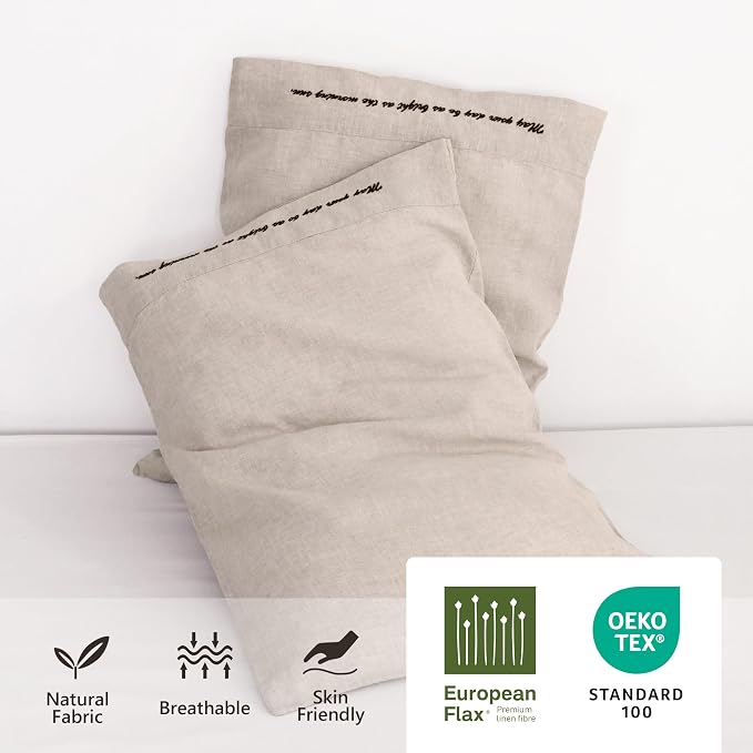 Linen Pillow Cases with Embroidery Design,20"x40" King Size Set of 2,100% French Flax Soft Breathable Handmade Linen Pillowcases,Natural Embroidery
