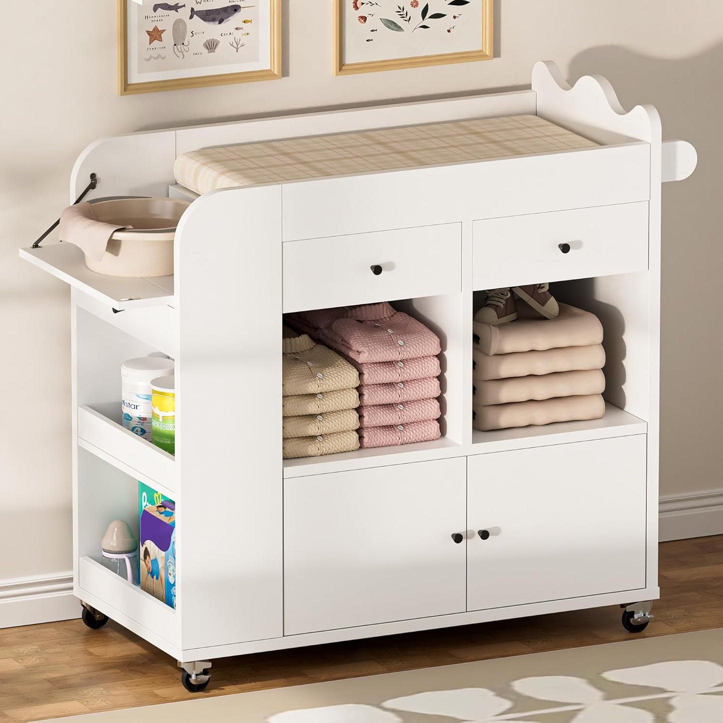 Baby Changing Table Dresser, 3 Drawers Nursery Dresser with 4 Open Cubbies, Rolling Chest of Drawers with Wheels, 43" W x 19.5" D x 40" H