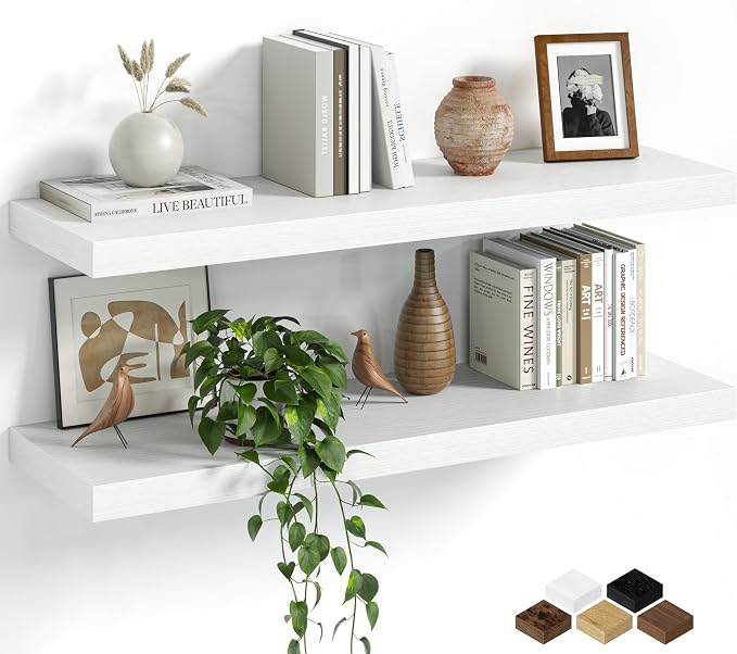 Fun Memories Floating Shelves for Wall, 30 Inch Set of 2 Rustic Wood Wall Shelves with Invisible Brackets, Heavy Duty Storage Display for Living Room Bedroom Kitchen, White