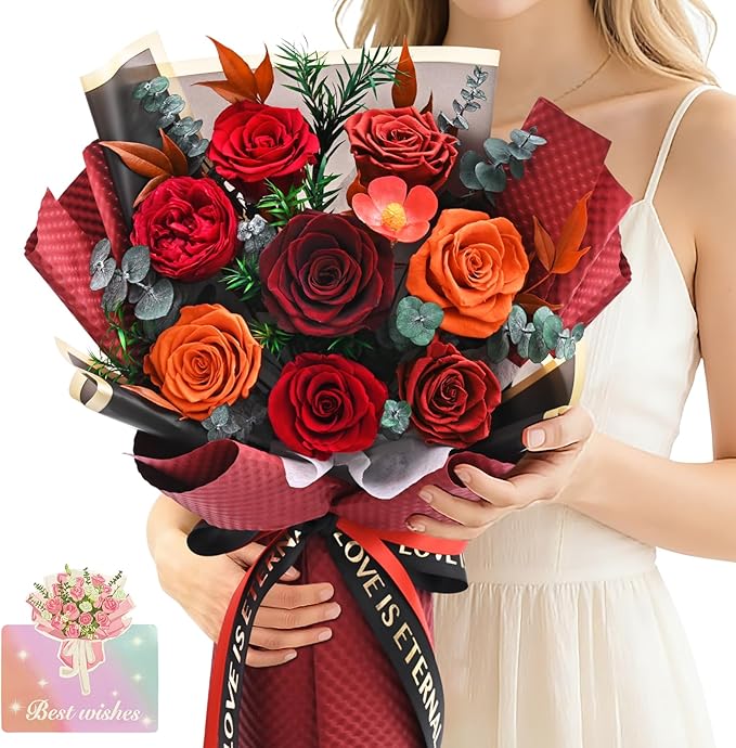 Forever Rose Flowers for Delivery, 8-Piece Preserved Roses Bouquet Birthday Gifts for Women, Long Lasting Red Roses with Gift Box for Mom, Forever Flowers with Vase for Her Wife Girlfriend