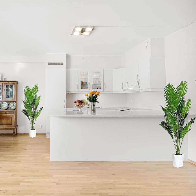 SAJANDAS Set of 2 Artificial Areca Palm Plants in Pots, 51 Inch Fake Tropical Palm Trees with Greenery Leaves and Stems, Faux Dypsis Lutescens Floor Plants for Office, Store, Garden, Home Decoration