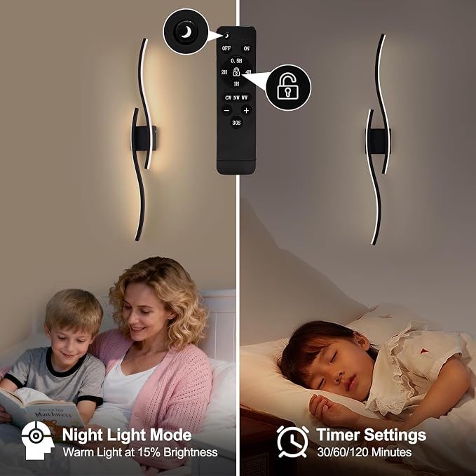 Modern LED Wall Sconce Set of Two, Dimmable Battery Powered Wall Sconces, 3000K-6500K Wireless Wall Light, Rechargeable Wall Lamp Indoor not Hardwired for Room Bedroom Corridor, 39.3in(Black)