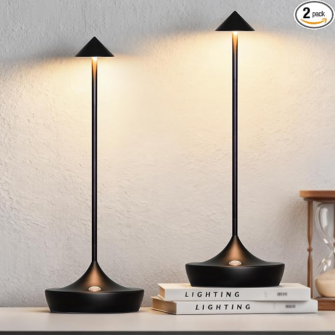 Rechargeable Cordless Table Lamp, Battery Operated LED Lamps | 3-Color Stepless Dimmable, Portable IP54 Waterproof Outdoor Lamps for Patio Dining Bar Home Office (2-Pack Black)