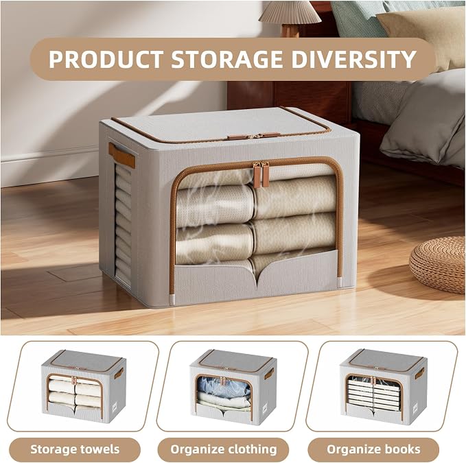 FHSQX 6 Pack Clothes Storage Bins, 40L,Light Grey, 16.5x12.2x12.2 inch | Metal Frame, Portable, Large Clear Window, Stackable, Durable Handles, Foldable