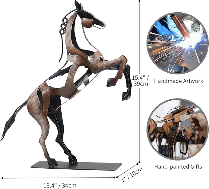 SunBlogs Art Metal Horse Statue Décor, Handmade & Hand-Painted Modern Western Horse Decoration, Rustic Iron Sculpture Gifts for Home Office for Horse Lovers (Vintage Brown)
