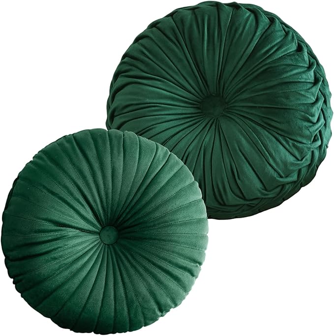 Teieas 2 Pcs Round Throw Pillows Pleated Velvet Pumpkin Round Pillows Floor Cushion for Living Room Couch Chair Bed Sofa 15.7"x15.7"/13.8" x 13.8" (Emerald)