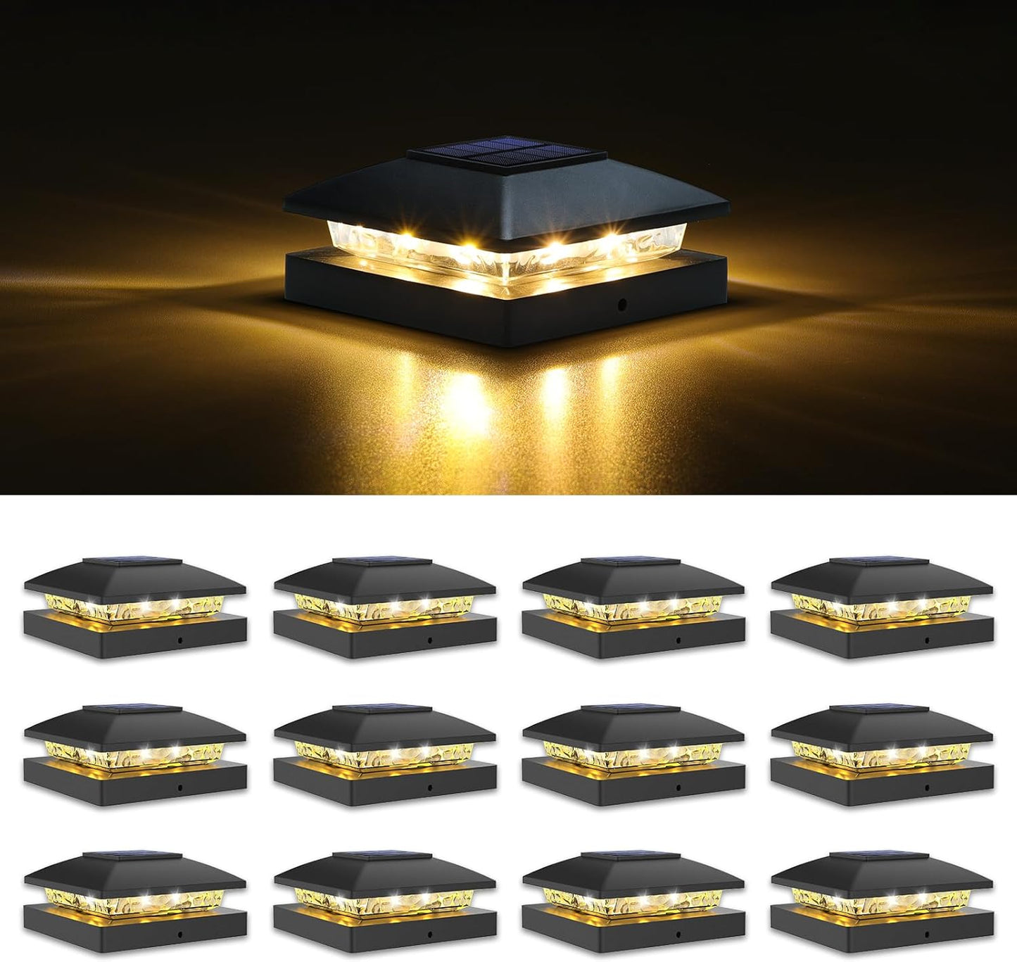 VOLISUN 4x4 Solar Post Cap Light 12pack,Solar Fence - Cap Lights Outdoor Waterproof for Wooden/Vinyl Post,Black Deck Post Cap Light Solar Powered with Warm White for Garden/Patio/Porch