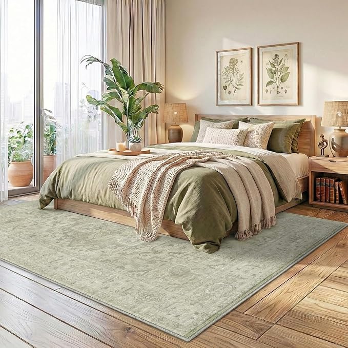 Homemate Washable Rug 6x9 Area Rugs - Vintage Faux Wool Rugs for Living Room Bedroom Dining Room - Non Slip Foldable Carpet Indoor Area Rug for Home Decor（6'x9', Green
