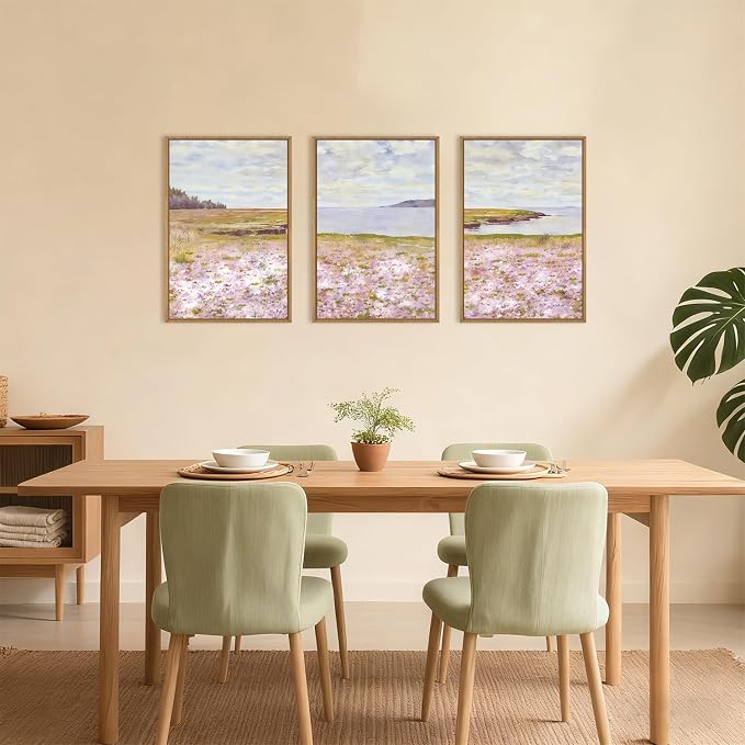 HOURIA Spring Watercolor Pink Floral Coastal Landscape Framed Canvas Wall Art Set,Nature Inspired Wildflower & Meadow Cottage Field Wall Decor,Modern Seaside Beach Artwork for Living Room,Farmhouse-24"x36"x3