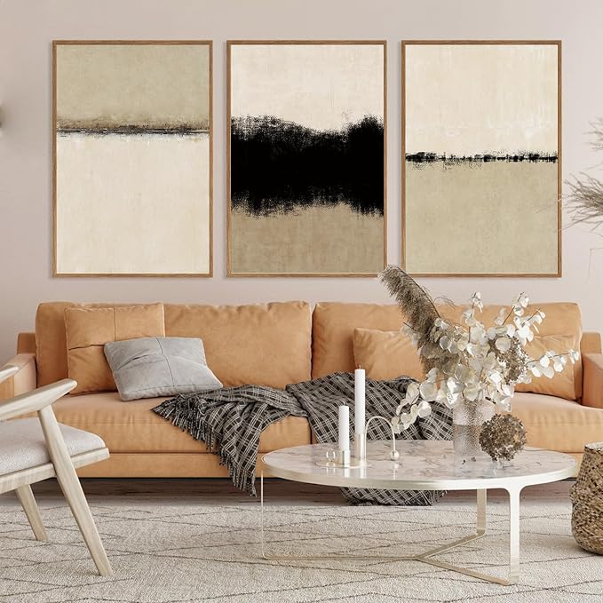 SIKERIC Large Abstract Textured Wall Art Set of 3, Minimalist Beige Framed Canvas Art Painting, Modern Textured Art Print, Neutral Paint Stroke Home Decor for Dining Room,Living Room, Office-16x24