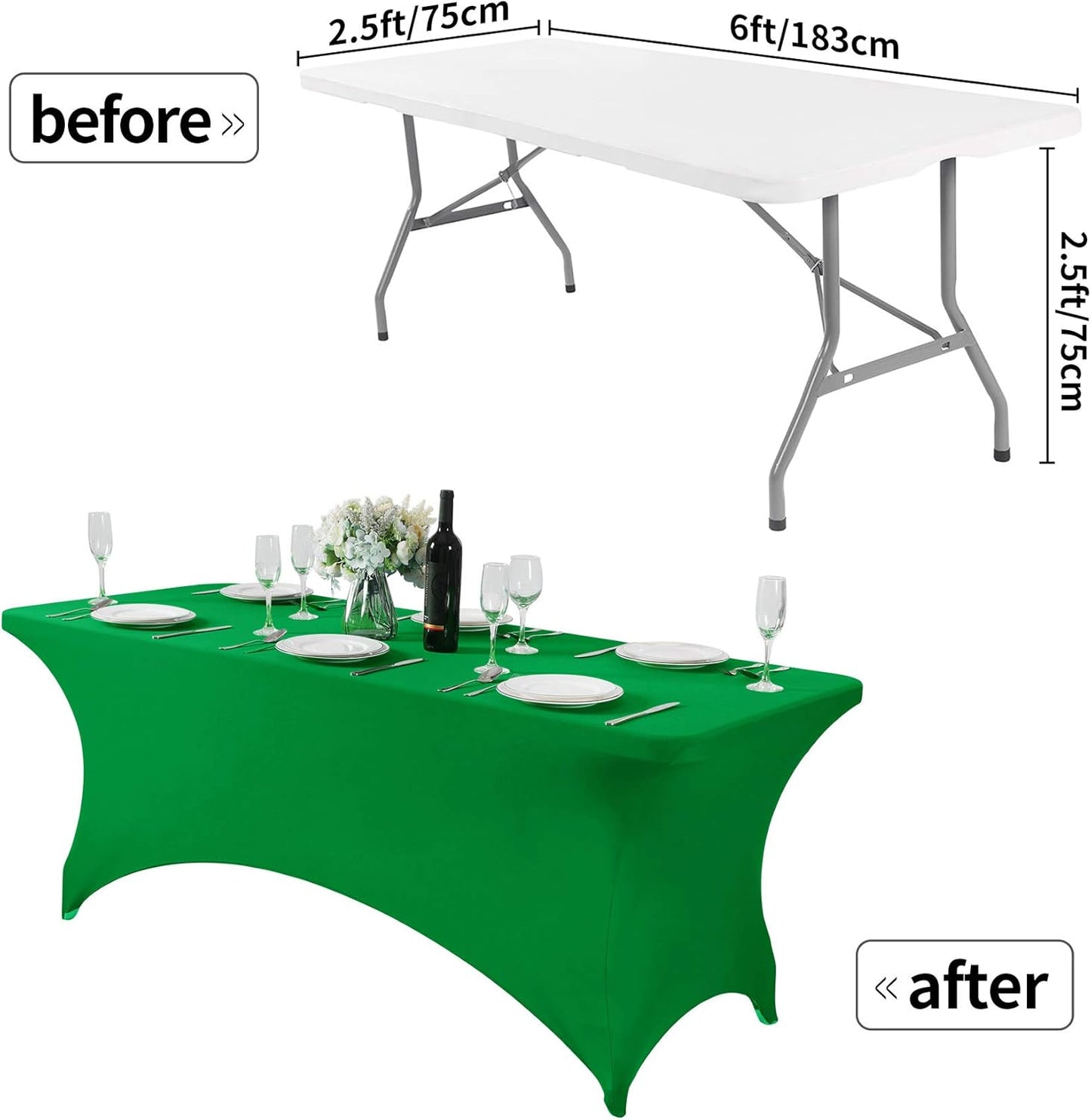2Pack Spandex Table Cover for 6Ft or 4fT or 8ft Table Universal Fitted Stretch Tablecloth for Party, Banquet, Wedding and Events-Emerald