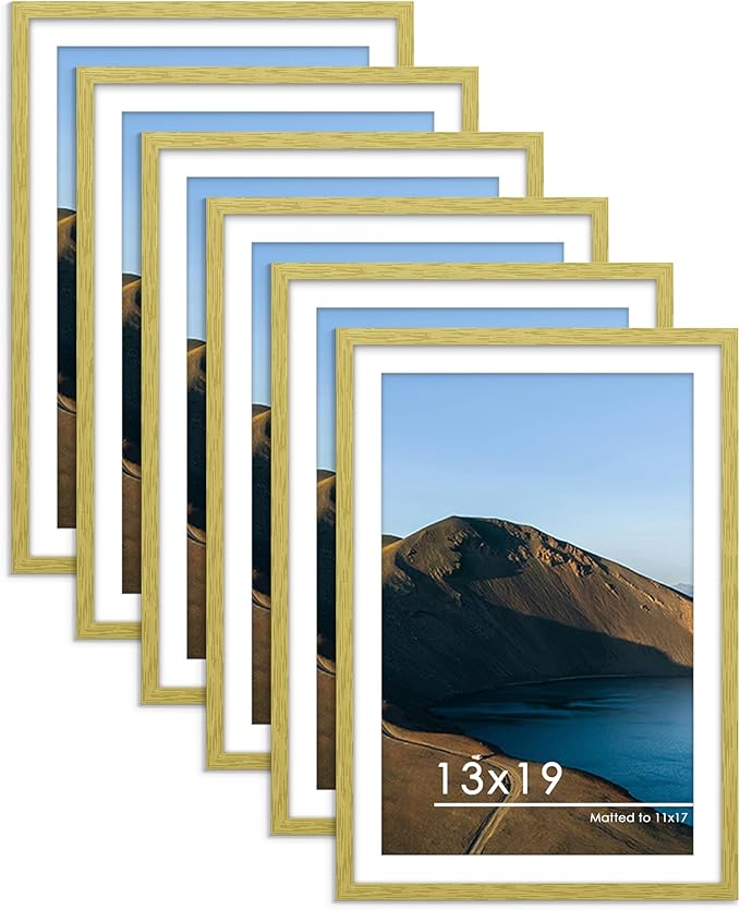 PEALSN 13x19 Picture Frame Set of 6, Display Pictures 11x17 with Mat or 13 x 19 without Mat for Wall Mounting Display, Poster Frames Collage for Wall Decor, Gold