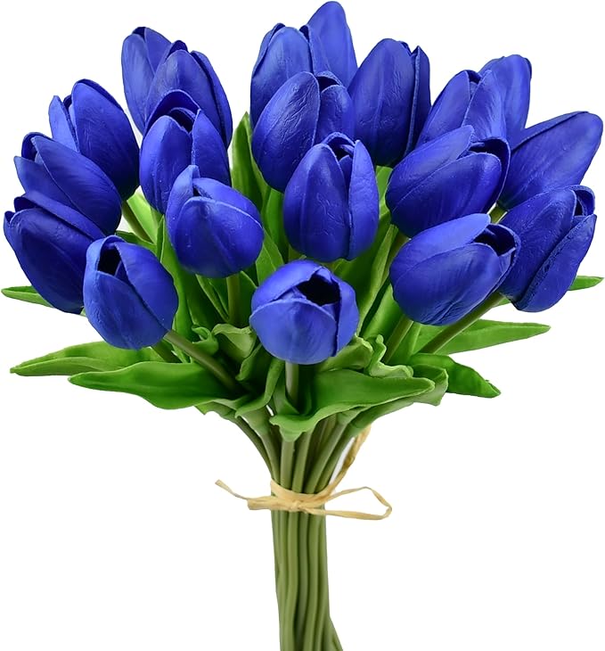 Mandy's Royal Blue Artificial Tulips Flowers Centerpiece, 13.5" Lifelike PU Fake Floral Stems 20pcs for Kitchen Island & Dining Table, Spring Decor for Easter