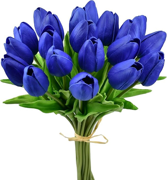 Mandy's Royal Blue Artificial Tulips Flowers Centerpiece, 13.5" Lifelike PU Fake Floral Stems 20pcs for Kitchen Island & Dining Table, Spring Decor for Easter