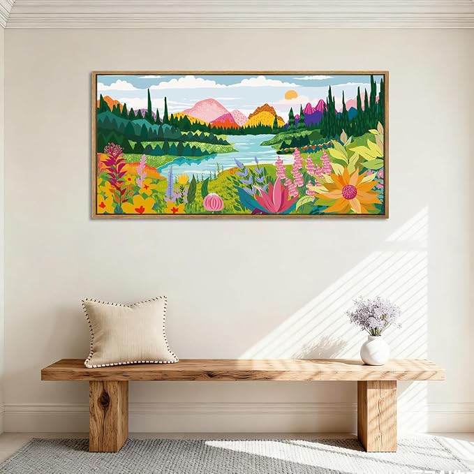 ANHUIB Large Colorful Wildflower Wall Art 20x40 Inch Framed Boho Abstract Floral Wall Decor Forest Woodland Painting Muticolor Mountain Range Illustration for Living Room Dining Room Bedroom