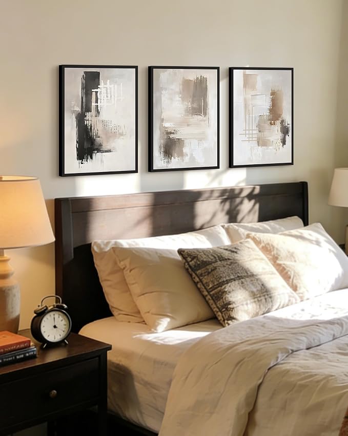 PHOPAGO Abstract Framed Wall Art Mid Century Modern Minimalist Beige Pastel Watercolor Neutral Wall Decor for Living Room Bedroom - 12x16in Black Framed