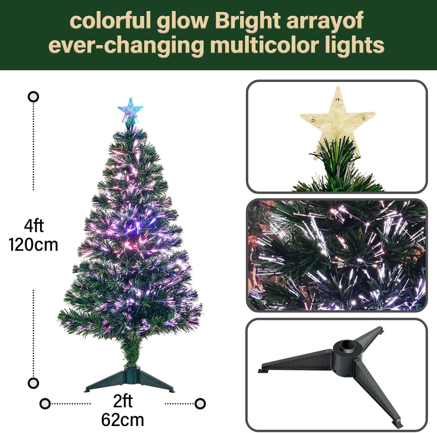 4FT Fiber Optic Green Christmas Tree Artificial Tree with Stand,Pre-lit Full Xmas Tree with Top Star Perfect for Indoor Holiday Decoration