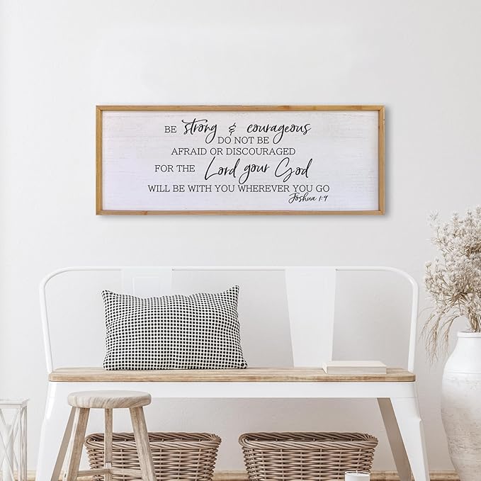 Be Strong And Courageous Sign Wall Decor 32"x12" Large Farmhouse Living Room Plaque Joshua 1:9 Bible Verse Inspirational Quote Positive Faith Home Hanging Rustic Catholic Scripture Christian Art (Wood)