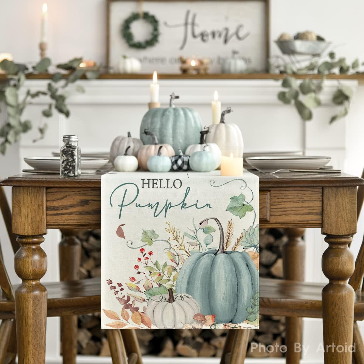 Artoid Mode Aqua Hello Pumpkin Leaves Fall Table Runner, Seasonal Autumn Kitchen Dining Table Decoration for Home Party Decor 13x36 Inch