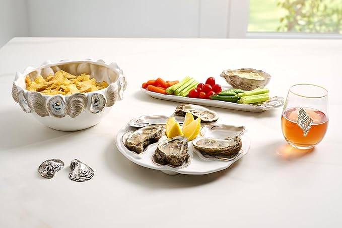 Mud Pie Oyster Tidbit And Tray Set; tray 4" x 14" | dip 2" x 5"