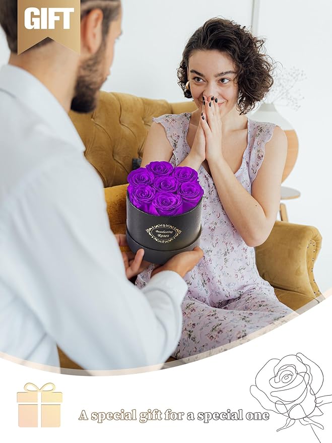 Beaulasting Long Lasting Preserved Roses in a Box Last a Year Forever Flowers for Her Mom Wife Anniversary Birthday (Round Black Box, Purple)