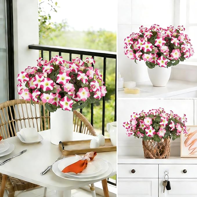 Artificial Flowers for Outdoors, Faux Petunias Spring Summer Decoration, Fake Flowers Plants UV Resistant Look Real Silk Flowers for Outside Planter Front Door Porch Patio Yard (6, Pink-White)