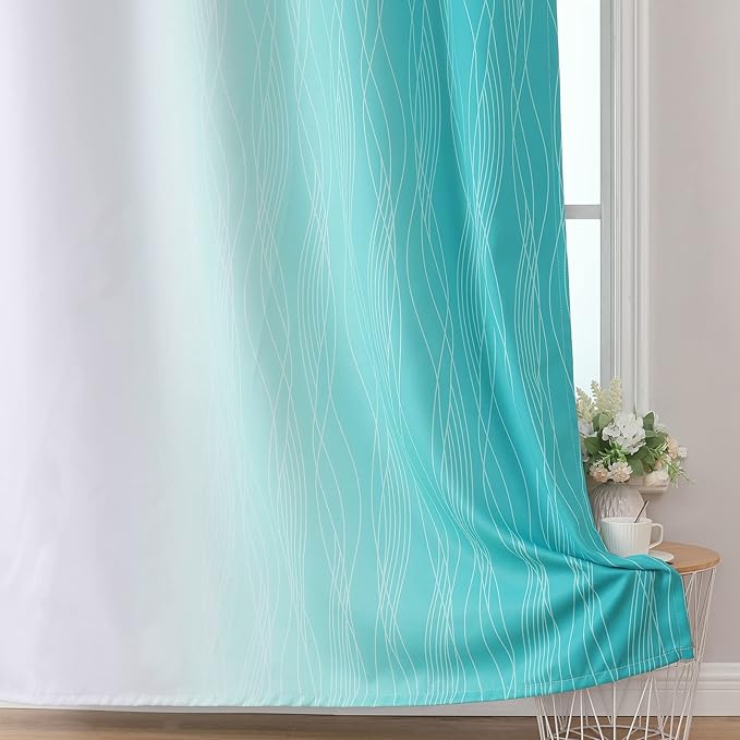 Estelar Textiler Full Room Darkening Greyish White and Teal Blackout Curtains 96 Inch Length 2 Panels Set, Ombre Thermal Insulated Full Light Blocking Grommet Gray Blackout Drapes for Bedroom, 52Wx96L