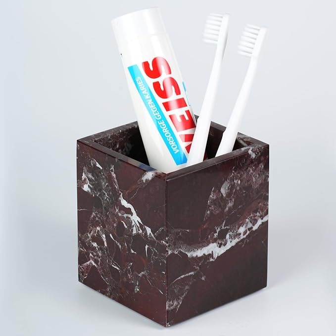 Marble Makeup Brush Holder - Viola Red Candle Toothbrush Cup For Bathroom Accessories, Decorative Pencil Organizer For Office Desk Aesthetic, Stone Utensil Container For Kitchen Countertop