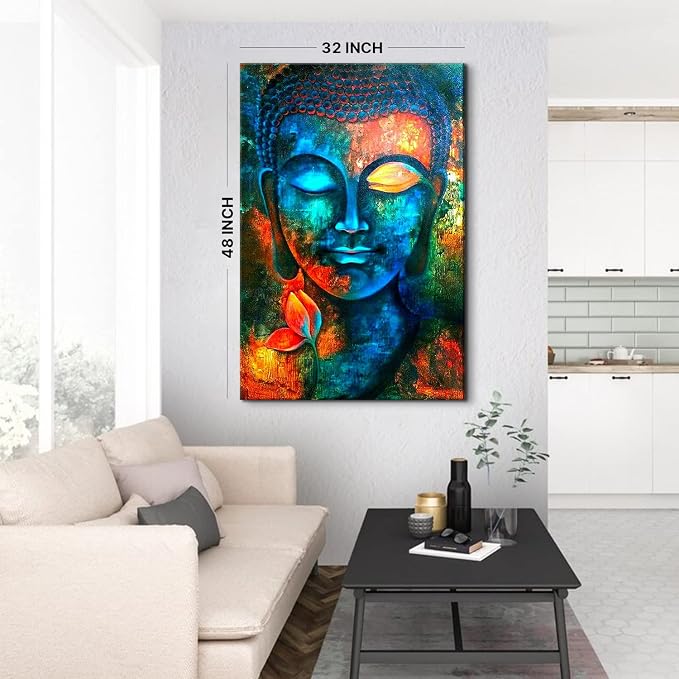 Blue Buddha Wall Decor Colorful Abstract Buddha Head Wall Art Zen Posters Modern Home Decor Living Room Study Bedroom Canvas Prints Painting Lotus Murals Hang Pictures Decoration 36x48 Inch